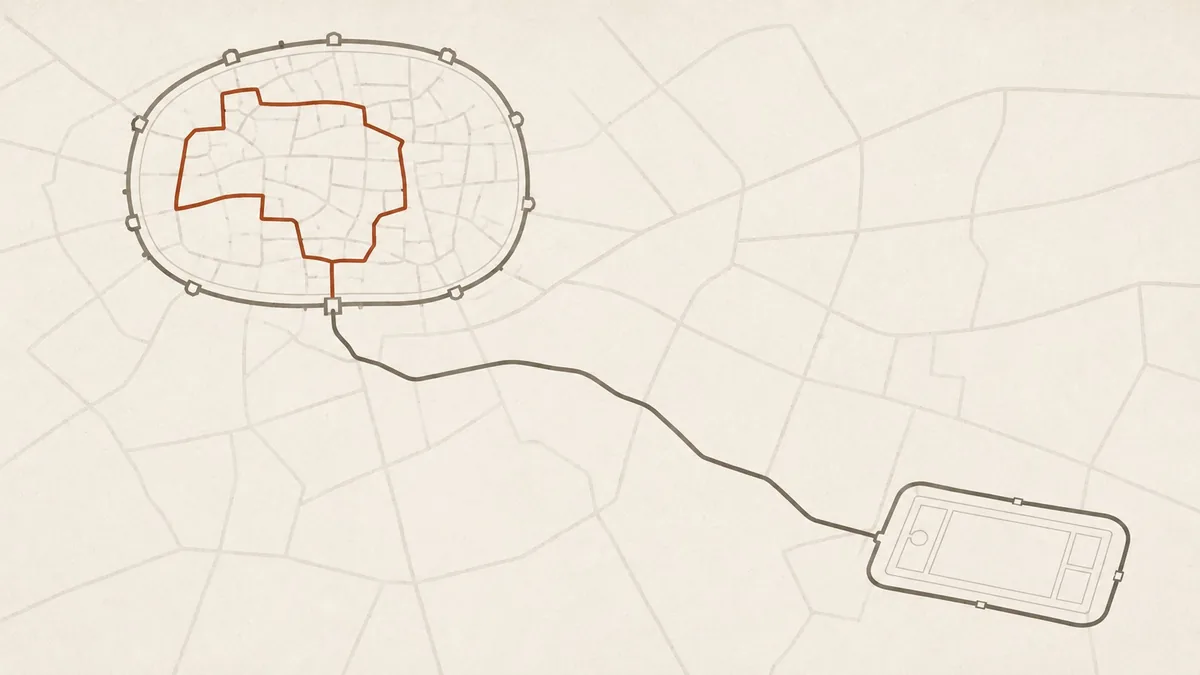 Illustration of two days drawn as two separate loops, one inside the city walls and one running south to the rally grounds.