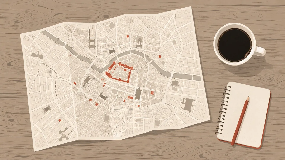 Illustration of a desk with a Nuremberg street map, a notebook and a cup of coffee, seen from above.