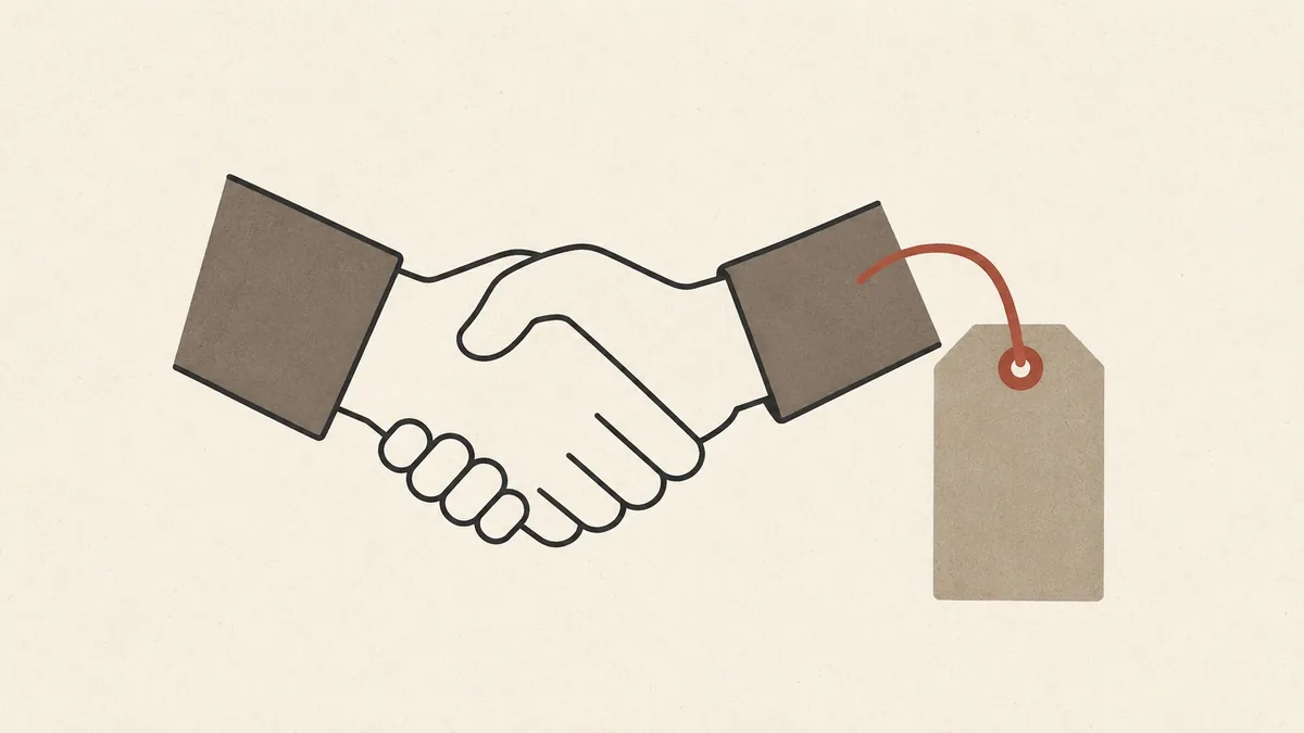 Illustration of a handshake beside a price tag, drawn plainly and without ornament.