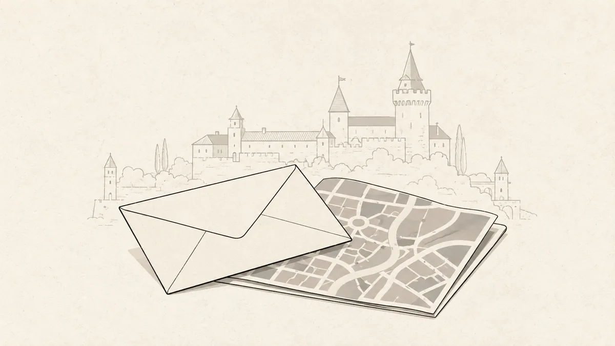 Illustration of an envelope resting on a folded city map, with the castle outline drawn faintly behind.