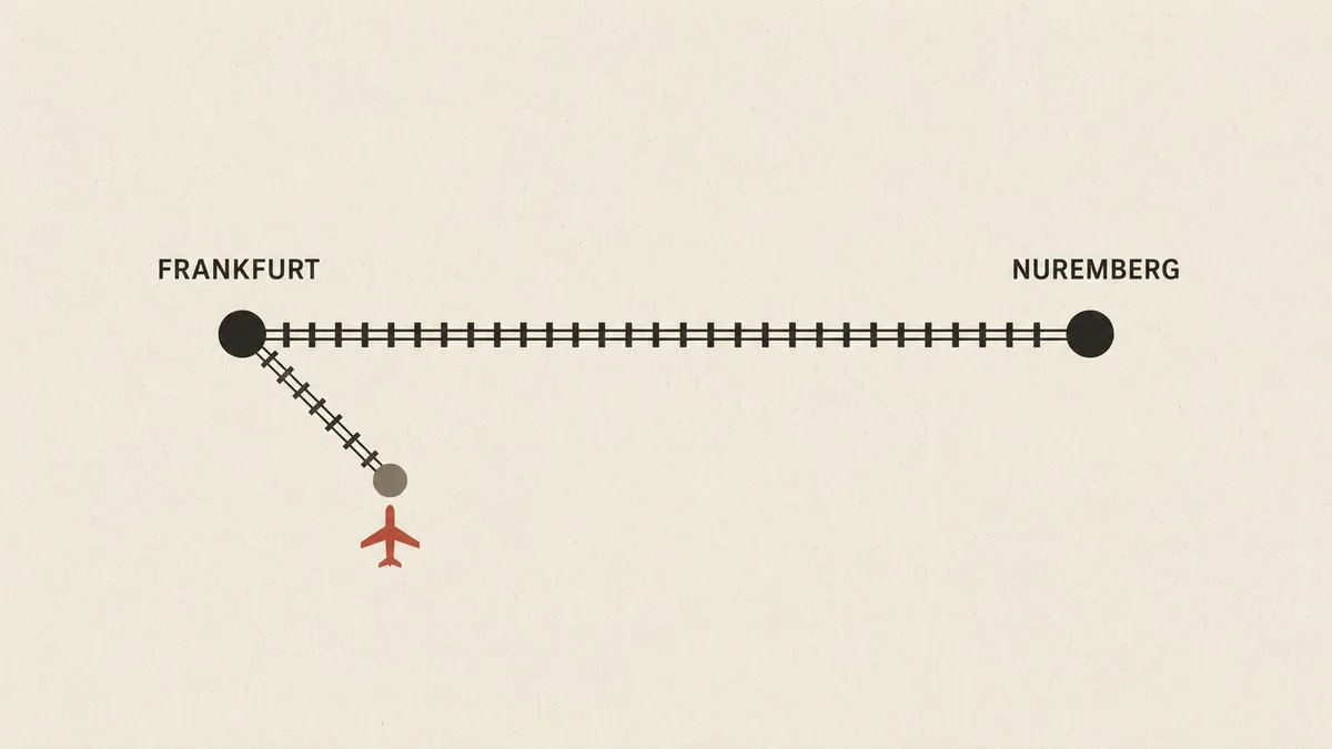 Illustration of a rail line east from Frankfurt to Nuremberg, with a branch drawn in from the airport station.