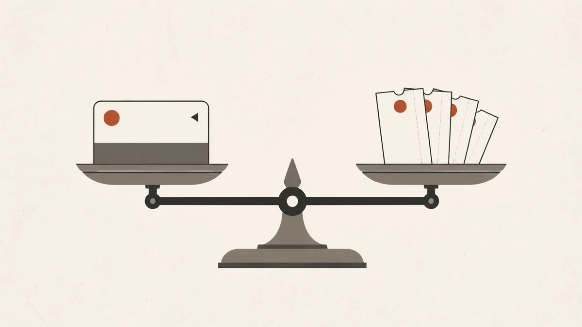 Illustration of a travel card on one side of a balance and a small stack of separate museum tickets on the other.