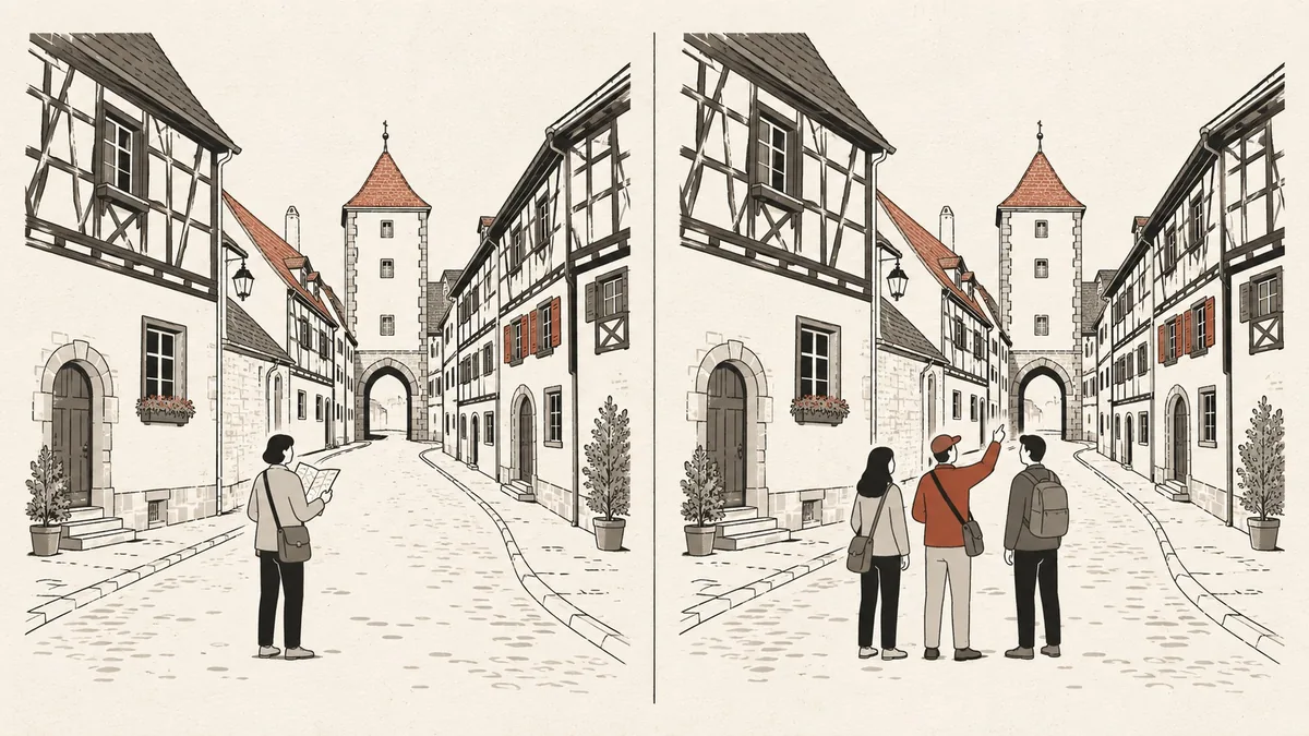 Illustration of the same old-town street drawn twice, once walked alone with a paper map and once walked with a guide.