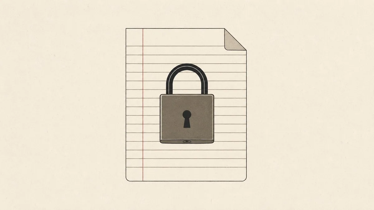 Illustration of a closed padlock over a sheet of ruled paper.