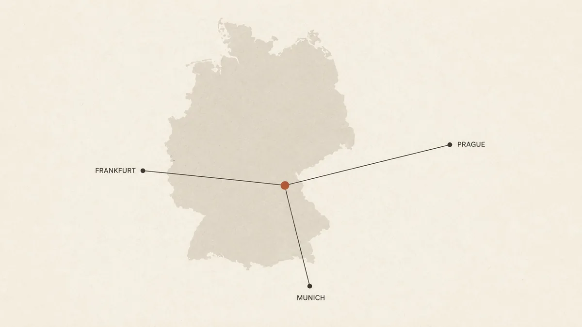 Illustration of Nuremberg's position in northern Bavaria, with distance lines running out to Munich, Frankfurt and Prague.